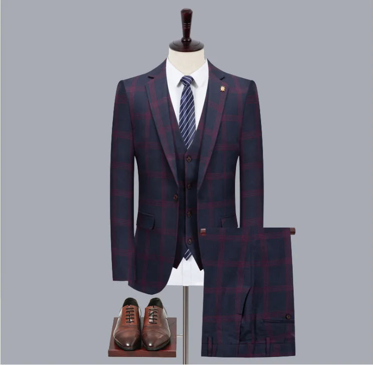 hot sale grid notched lapel male cheap three piece suit groom wedding suit coat pant men suit-5