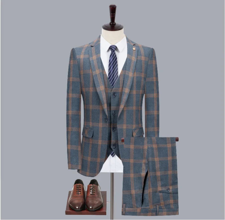 hot sale grid notched lapel male cheap three piece suit groom wedding suit coat pant men suit-3