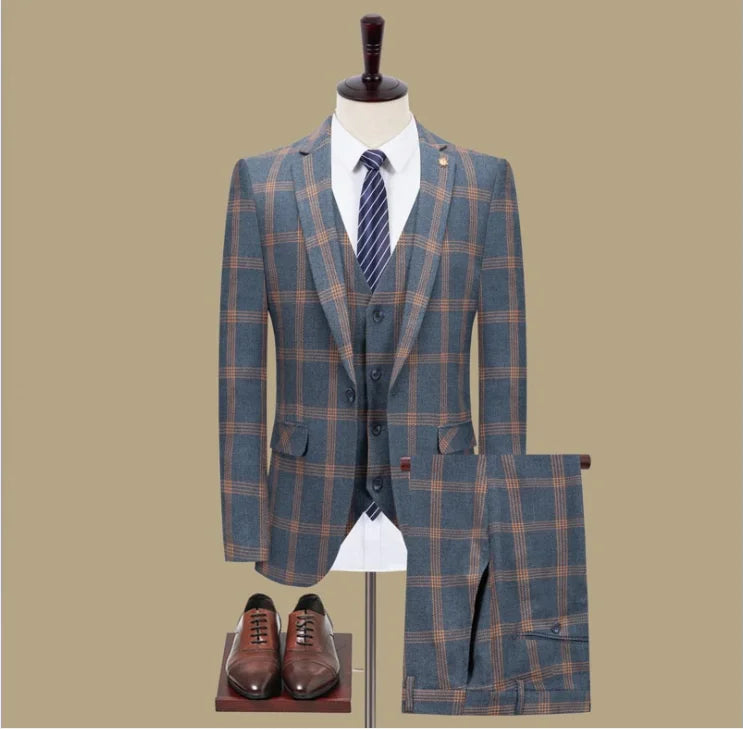 hot sale grid notched lapel male cheap three piece suit groom wedding suit coat pant men suit-2